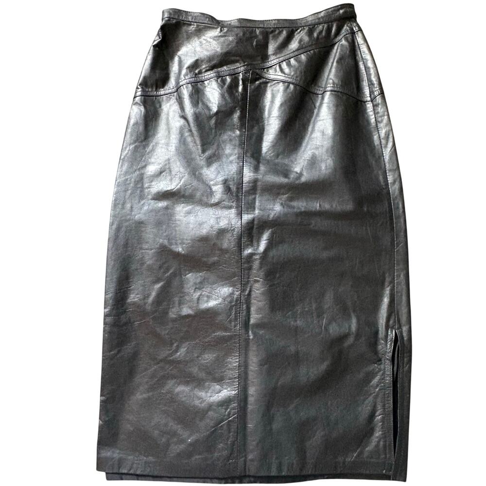Vintage 80s Laurice Black Leather Whimsigoth Yoke Midi Skirt HighWaist Slit Sz 8